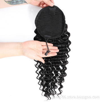 Wholesale Peruvian Remy Hair Piece Claw Clip Extension 120g Deep Wave Drawstring Ponytail Human Hair